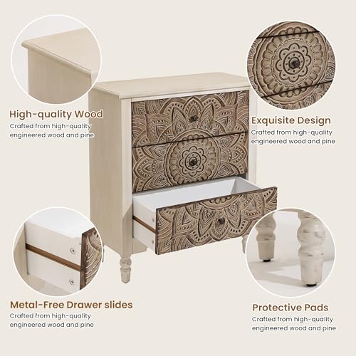 Image of SUNBURY Vintage Wooden Nightstand with 3 Drawers, Wood Accent Table, Elegant Bedside Table Dresser for Bedroom, Living Room (Lotus)