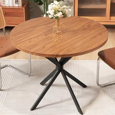 Recaceik Walnut Round Dining Table for 4-6 Person, 39" Mid-Century Modern Round Dining Room Table with 1.18" Thicken MDF Table Top & “X” Metal Base, Pub Tulip Leisure Table for Kitchen Home Cover