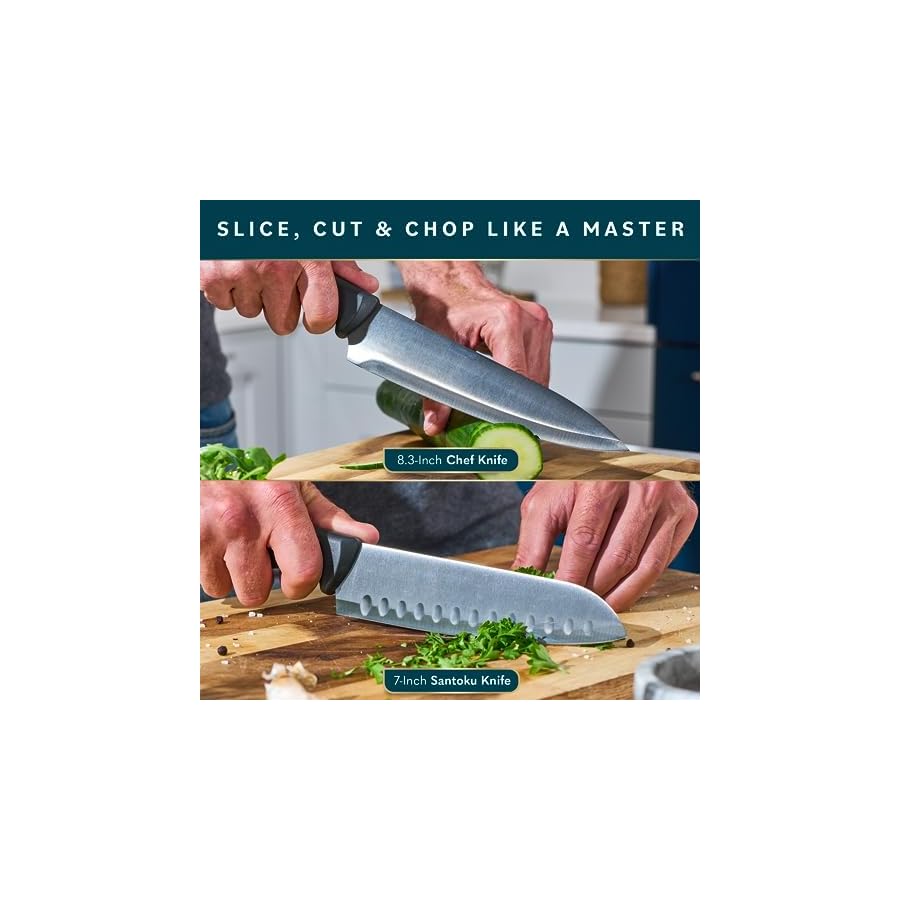 Home Hero Kitchen Knife Set with Sharpener - High Carbon Stainless Steel Knife Block Set with Ergonomic Handles (16 Pcs - Black)