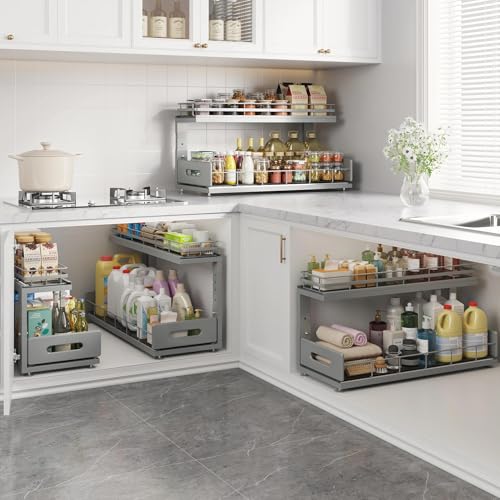 Image of Under Sink Organizer Upgrade To Professional Rails,2-Tier Dual Pull Out Cabinet Storage,Height Adjustable Slide Out Drawers For Bathroom Kitchen,1 Pack-21 inchDx12.8 inch-16.9 inchH,Gun Gray