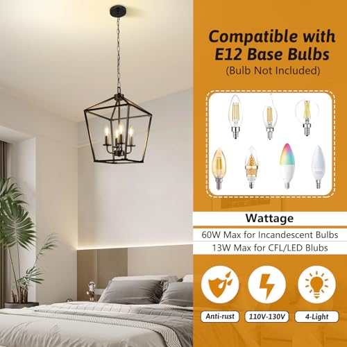 Chandelier,Modern Dining Room Light Fixture,4-Light Lantern Chandeliers For Dining Room,Adjustable Height Light Fixture,Black Chandelier For Living Room/Kitchen Island,Light Fixtures Ceiling Mount