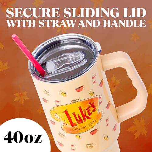 Image of Silver Buffalo Gilmore Girls Luke's Diner Double Walled Stainless Steel Tumbler with Handle and Straw, Fits in Standard Cup Holder, 40 Ounces