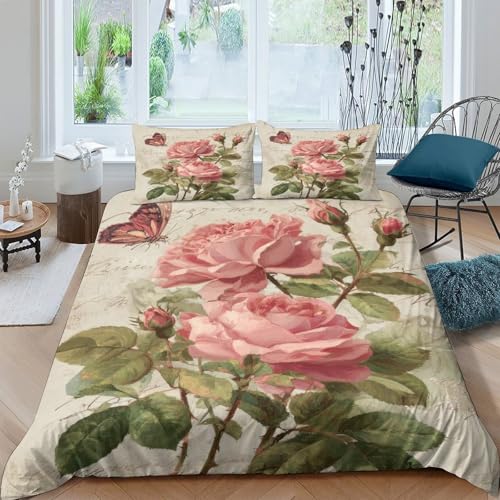 Vintage roses Linge de Lit Microfibre Hypoallergique 3 pièces 3D Effet Confortable Botanique garden style Parure de Lit avec 2 Taies d'oreiller Hypoallergique for...