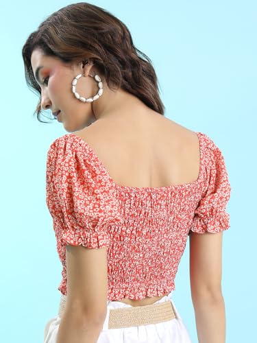 Image of Tokyo Talkies Women's Floral Print Puff Sleeve Crop Top | Cinched Waist | Chic & Feminine | Perfect for Brunch & Casual Outings | Tops for Woman | Women Tops | Women Crop Top