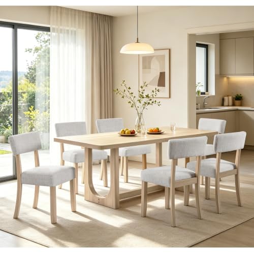 Image of KEIKI 7-Piece Standard Height Dining Table Set with Rectangular Table, 6 Upholstered Curved Backrset Chair, for 6 Person, Modern Style Table Set, Easy Assembly, for Kitchen, Dining Room, Light Oak