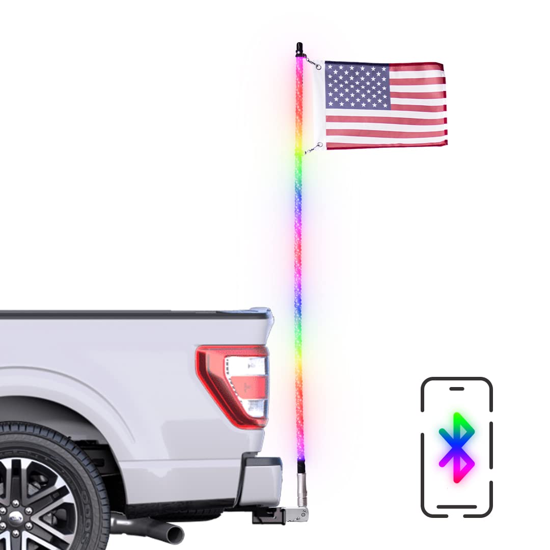 Master Tailgaters 5ft LED Truck Flag Pole with Smartphone App Control | Bluetooth Spiral Chasing Lights | 20 Static Colors & 100 Light Modes | Truck Hitch Mount Included | IP65 Water Resistant