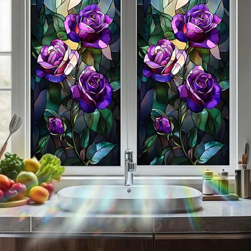 Image of Nuxovilar Frosted Stained Glass Purple Rose Window Film 17.7x39.4 PVC | Deep Purple, Gothic Cling rose flower sticker, privacy glass wrap for bedroom bathroom party room (Purple Rose)