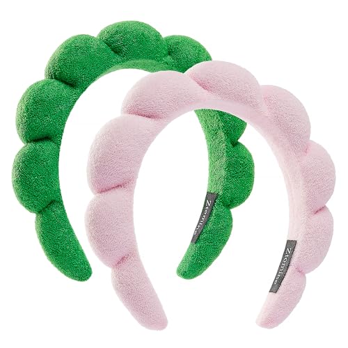 Ztomine Spa Headbands for Washing Face or Facial, Set of 2 Skincare Headbands, Terry Cloth Headband Wash Combo Pack - Puffy Makeup Washing, Mask, Skin Treatment(Pink + GREEN)