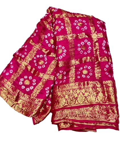 PK HUB Women's Bandhej Banarasi Silk Zari Work Saree with Running Blouse (Saree - 5.5 Meter & Blouse - 0.80 Meter)(Saree Come without Roll Press & Small Holes May Come Due to Hand Die Bandhej)