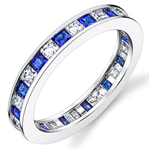Metal Masters Sterling Silver 925 Eternity Ring Engagement Wedding Band W/Princess Cut Simulated Sapphire Cubic Zirconia CZ 7