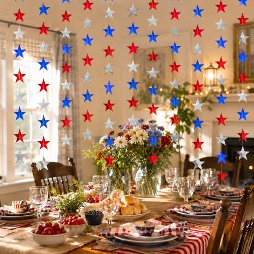 Image of Glitter Star Garland Banner Decor 130 Feet Star Garland Hanging Bunting Banner Backdrop for Independence Day 4th of July Decorations Party(Red Blue Silver)