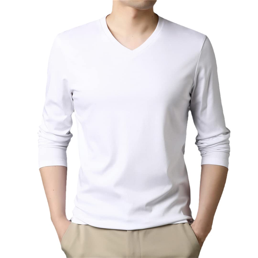 Spring Autumn Classic Casual Solid Color Mercerized Cotton V-Neck Long Sleeve T Shirt Men White XL