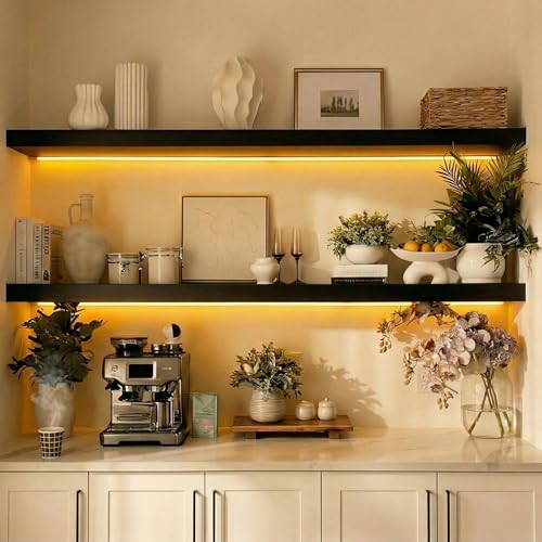 Image of ROGMARS Black Floating Shelves for Wall with Led Light 36 Inches Long,Rustic Solid Wood Farmhouse Wall Shelves with Invisible Brackets for Bedroom, Living Room, Kitchen, Bathroom Set of 2