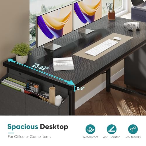 Image of OLIXIS Computer Desk, 63 Inch Gaming Desks for Home Office Small Spaces | Writing Study Craft Work Table, Computer Workstation for Bedroom with Storage Bag, Black