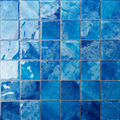 Hand-Painted Ocean Blue Glass Mosaic Tile 12x12 Inch 8 Sheets UV-Resistant & Scratch-Proof for Pool Kitchen Backsplash Bathroom Shower Spa Fountain Waterproof Polished Tiles.