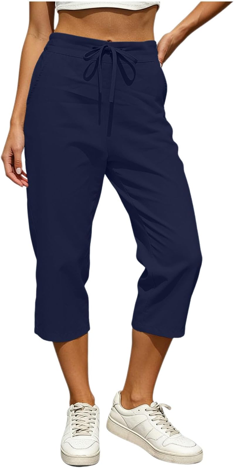 Cotton Linen Capri Pants for Women High Elastic Waisted Drawstring Cropped Pant with Pocket Workout Summer Trousers