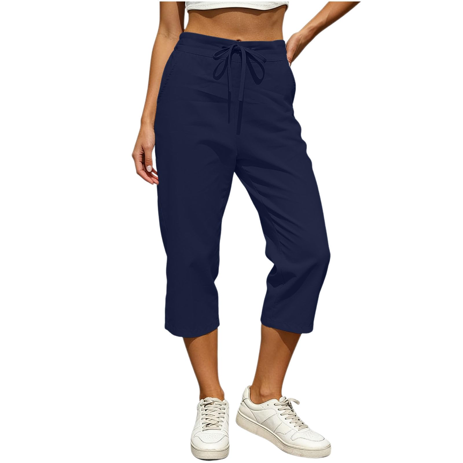 Cotton Linen Capri Pants for Women High Elastic Waisted Drawstring Cropped Pant with Pocket Workout Summer Trousers