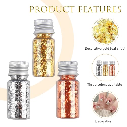 Miniatura 4 de Decoración De Pan De Oro De 20 G, 3 Botellas De Copos De Pan De Oro, 3 Colores: Pan De Plata, Pan De Oro Y Oro Rosa, Para Decoración De Uñas, Maquillaje, Pintura Artística, Bricolaje Y Otros Fines Dec