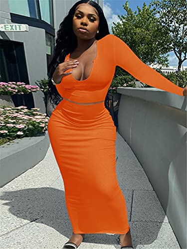 Image of Women Sexy Two Piece Skirt Outfits Long Sleeve /Sleeveless V Neck Bodycon Ribbed Knitted Maxi Club Party Dress