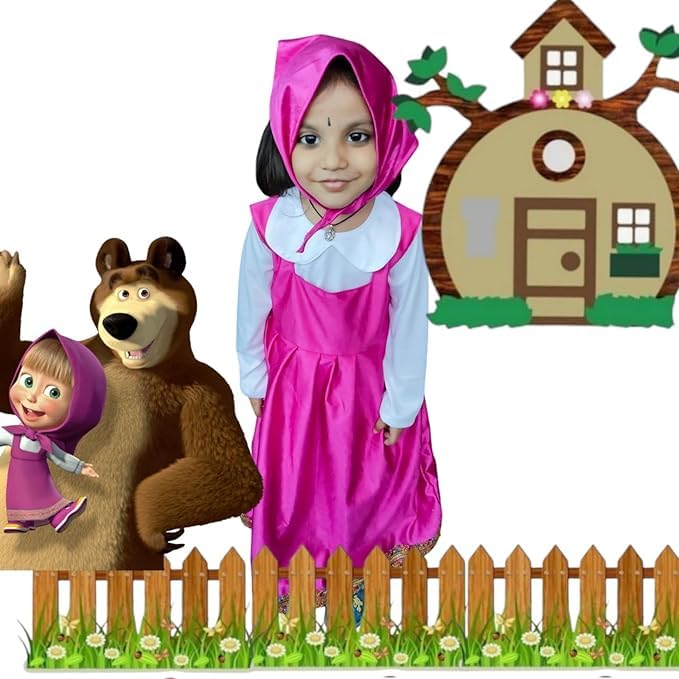 Image of Collection Girls' Costume Dress with Hood, Pink and White, Gold Trim Detail, Cartoon Character-Inspired