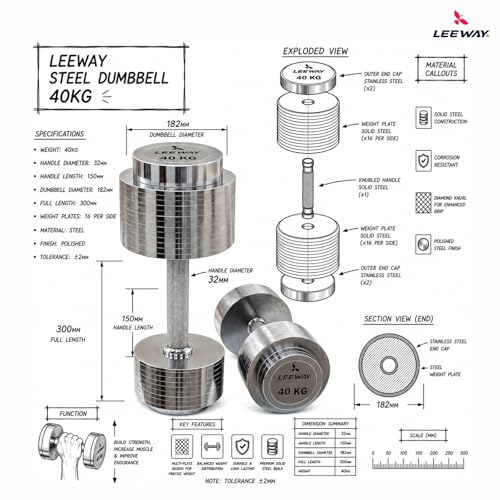 Image of Leeway Steel Dumbbell Set 40 Kg x 2 | Chrome Dumbbells for Home Gym | Rust-Resistant Non-Slip Grip | Strength Training Metal Dumbbell Set | Iron Dumbell | Round Dumble | (40kg X 2 = 80kg Chrome)