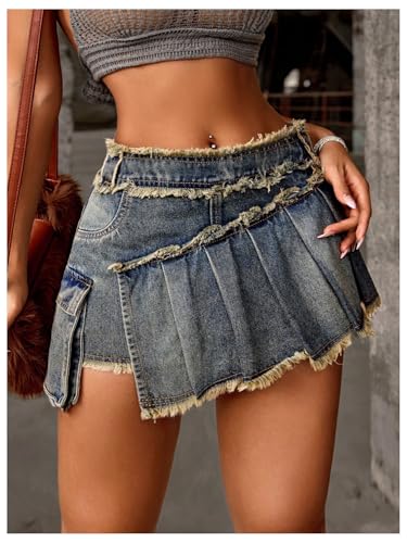 SOLY HUX Women's Y2k Mini Denim Skirt Pleated Asymmetrical Raw Hem Pocket A Line Jean Skirts3