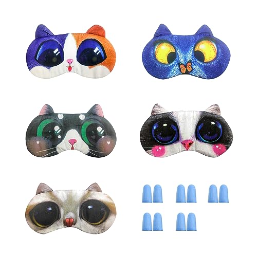 5 Máscaras Para Ojos De Gato, 5 Pares De Tapones Para Orejas De Esponja Azul, Máscaras Para Ojos Dormidos De Dibujos Animados Lindos, Divertidas Mascarillas Para Ojos Unisexes Con Correas Ajustables