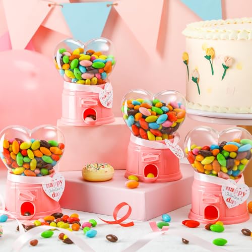 Valentine‘s Day Exchange Gifts 6 Pack Valentine Candy Machine Heart Gumball Machine Candy Dispenser with Ribbon and Cards Valentine Birthday Party Favor(Pink)