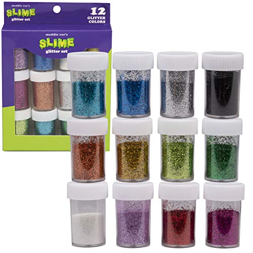 Maddie Rae's Slime Glitter Add Ins (12 Colors, 20 g Each) Kit with Assorted Colors - Ultra Fine Glitter Set for Slime Glue, Epoxy Resin, DIY Arts & Crafts, Body, Hair, Face, Nail Art, & Scrapbooking