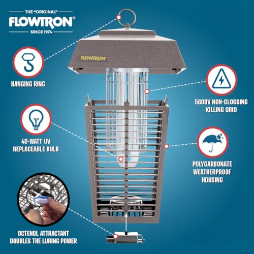 Image of Flowtron Bug Zapper, 1 Acre Outdoor, 40W UV Bulb, 5600V Zap Grid, Grey | Protects yards, patios, and farms - octenol lure attracts and helps eliminate mosquitoes, flies, and gnats - ETL certified
