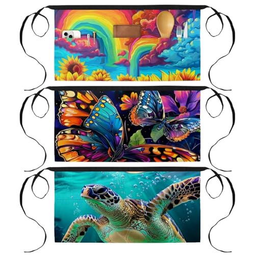 Tabliers courts pour serveuse lot de 3 avec 3 poches imprimé papillons fleurs 60x30.5cm