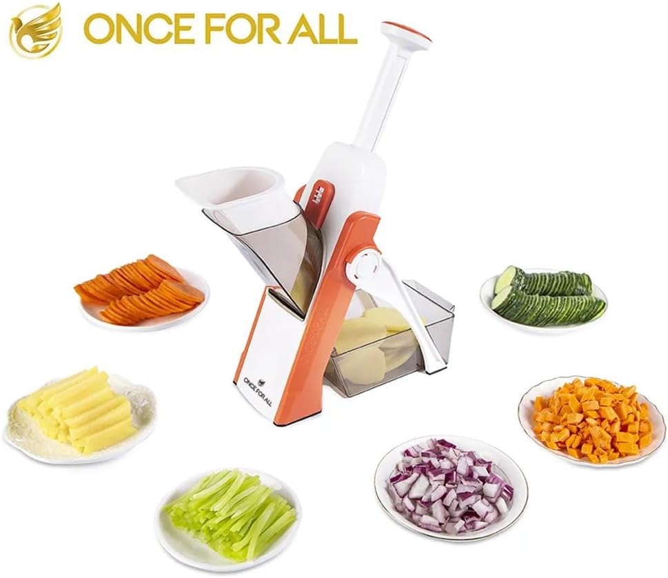 Safe Mandoline Slicer 5 in 1 Vegetable Chopper Food Potato Cutter, Strips Julienne Dicer Adjustable Thickness 0.1-8 mm Kitchen Chopping Artifact Fast Meal Prep Orange