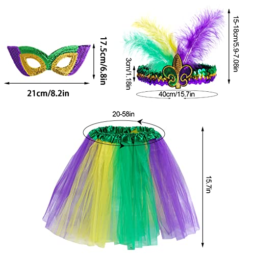 Mardi Gras Costume Accessory Set Tutu Skirt, Faux Feather Headband, Mask,Mardi Gras Beads,Feather Boa For Women And Girls #TOP2