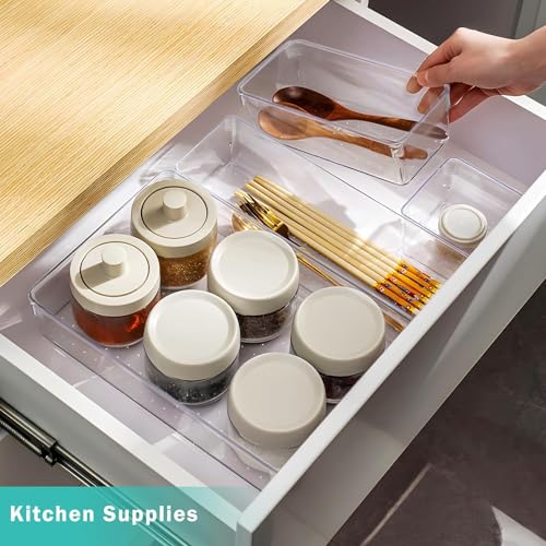 Image of Clear Plastic Drawer Organizers Set, Versatile Bathroom and Vanity Drawer Organizer Trays, Storage Bins for Makeup, Bedroom, Kitchen Gadgets Utensils and Office (4 PC MED LARGE)