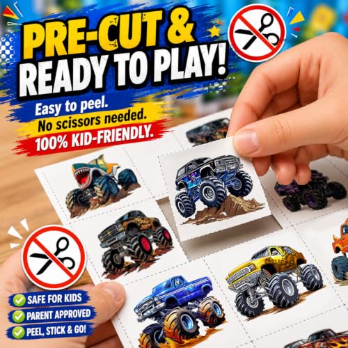 Image of 120 PCS Monster Truck Race Car Pre-Cut Temporary Tattoos for Kids | | Super Cute Themed Birthday Party Favors, Supplies, Decorations, Fake Tattoo Stickers, Rewards & Gifts for Boys Girls