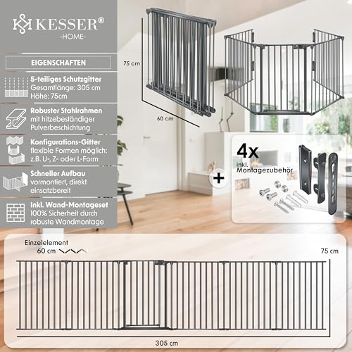 KESSER® Kaminschutzgitter mit Tür 305 cm Metall Ofenschutzgitter Laufgitter Laufstall Absperrgitter Tierschutzgitter Türschutzgitter für Kinder-Sicherung, 5-teilig Elemente (je 60 x 75 cm) Anthrazit