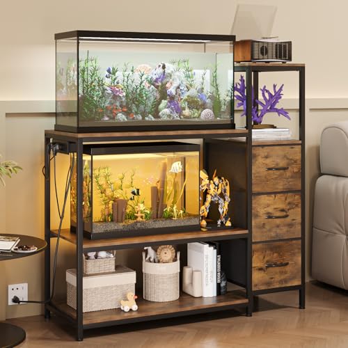 Image of 20 Gallon Aquarium Stand with Power Outlets Fish Tank Stand with 3 Drawers Metal Frame Heavy Duty Reptile Tank Stand with 3-Tier Storage Shelves,Left /Right Assembly, Adjustment Height