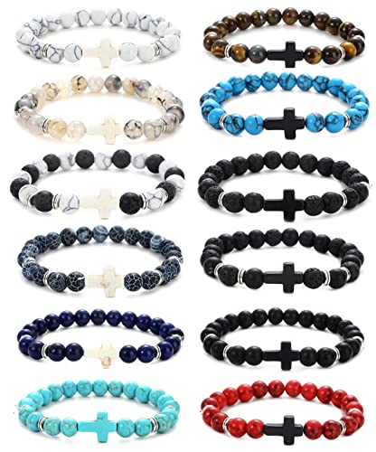 12Pcs Fashion Religion Cross Men Women 8mm Natural Stone Lava Tiger Eye Stretch Anxiety Bracelets Unisex 7.5