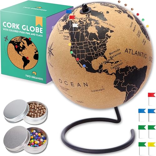 Mini Cork Globe 7.5' Tall | World Travel Map with Metallic & Colored Push Pins | 3D World Map Pin...