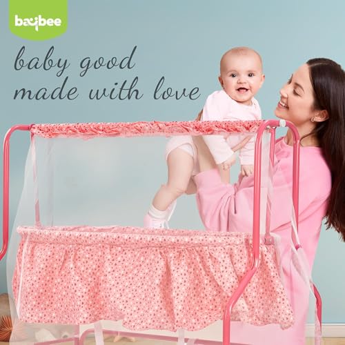 Image of BAYBEE Enchant Baby Swing Cradle for New Born with Mosquito Net, Lock Swing & 360 Rotating Wheels | Jhula Palna for Infants Boys Girls | Pink