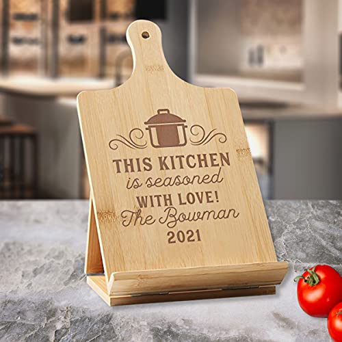 Personalized This Kitchen is Seasoned with Love Bamboo Standing Chef's Easel, Custom Recipe Cookbook Holder