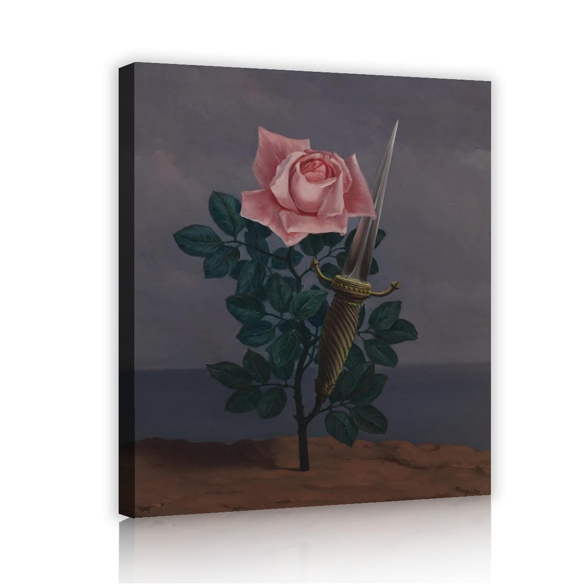 SHENGPOSTER Rene Magritte surrealistyczne wydruki na płótnie różowy i sztylet obraz na płótnie serce serce do salonu dekoracja biura rama wewnętrzna 38 x 50 cm