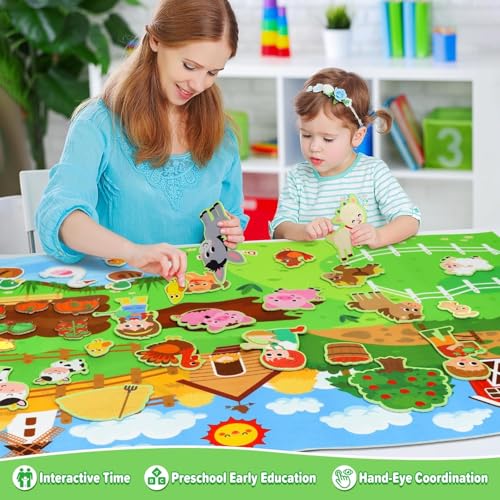 Soofam Farm Animals Felt Story Board Set, 41PCS Preschool Farmhouse Barnyard Theme Busy Board Story Set,Storytelling Early Learning Interactive Play Kit for Toddlers Kids Children