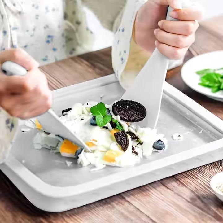 Rolled Ice Cream Maker with 2 Spatulas - Instant Ice Cream Maker Pan for Homemade Sorbet, Frozen Yogurt and Gelato - Rectangular Cold Plate for Kids & Family DIY Fun, White