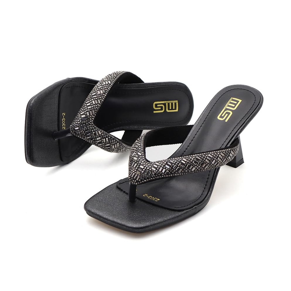 Women's Square Open Toe Heeled Sandals with Rhinestone Square Open Toe Kitten Heel Flip Flops Thong Slippers for Women2