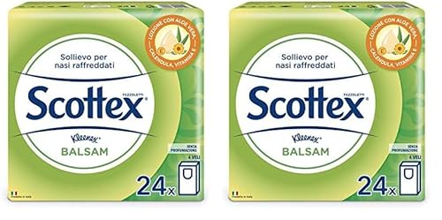 Scottex Balsam Fazzoletti di Carta Morbidi e Delicati, Con Aloe Vera, Calendula e Vitamina E, Dermatologicamente Testati, 48 Pacchetti (2 x 24)