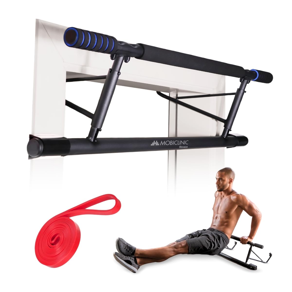 Mobiclinic® fitness, Barra de dominadas para colgar, Sin herramientas, K5, Máx. 200 kg, Con elástico, Asas espuma antideslizante, Acero, Adaptable 70-92 cm, Ejercicio en casa, Fácil almacenaje
