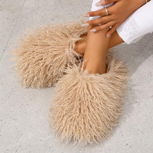 Image of Unisex Fuzzy Faux Fur Slippers, Women's Fluffy Long Hair Sheep Faux Fur Slip on Slides, Girls Luxury Big Fluffy Outdoor Flat Slippers, Long Curly Hair Non-Slip Warm Home Slide Shoes