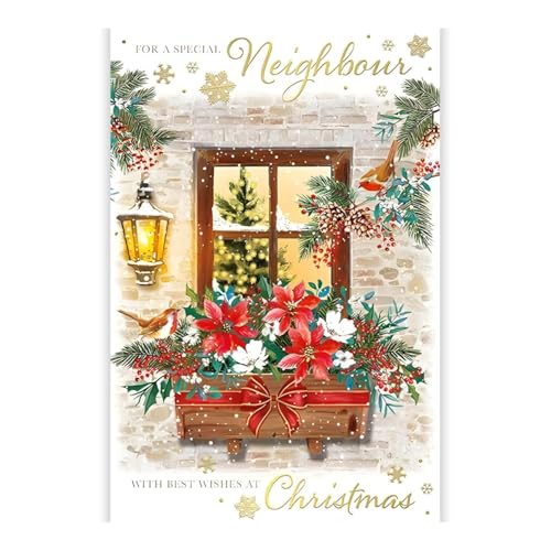 Neighbour Christmas Card - To a Special Neighbour - Robins on a Floral Window Ledge - Artistic Festive Design - Special Finish - Made in the UK - Eco-Friendly