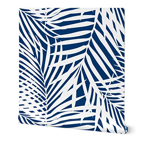 Peel & Stick Wallpaper Swatch - White Navy Palm Frond Summer Tropical Island Coastal Jungle Custom Removable Wallpaper by Spoonflower